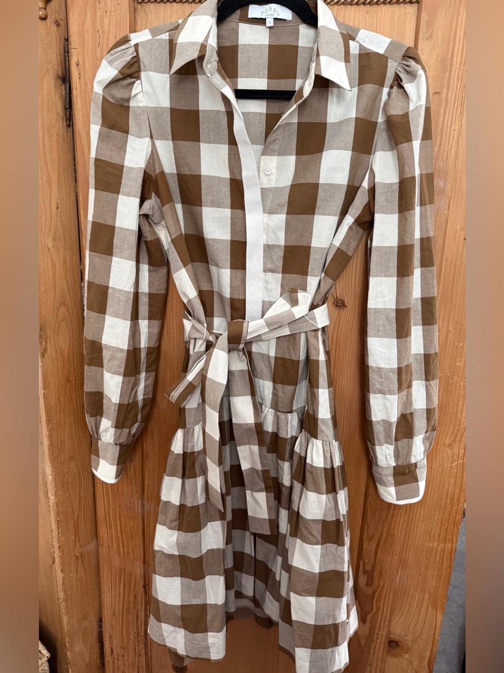 Pearl by Lela Rose Brown and White Gingham Tie-Waist Shirt Dress